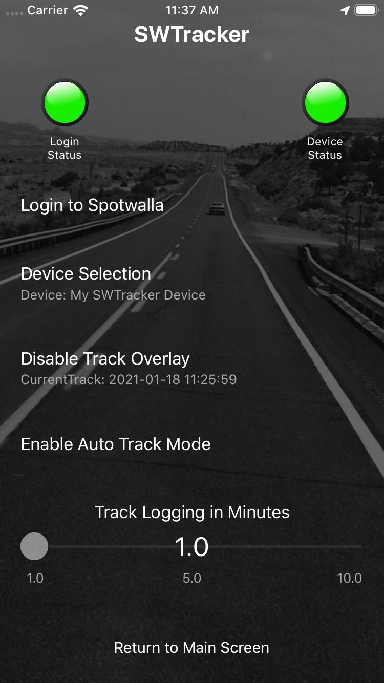 Settings Screen with current track